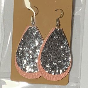 Pink and silver glitter leather earrings